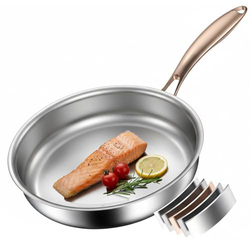 Akaice Stainless Steel Frying Pan 26cm, 18/10 Stainless Steel Pan Induction 5 ply with Rose Gold Handle, Titanium Pan Non Toxic, Uncoated PTFE & PFOA-Free, Compatible with All Hobs