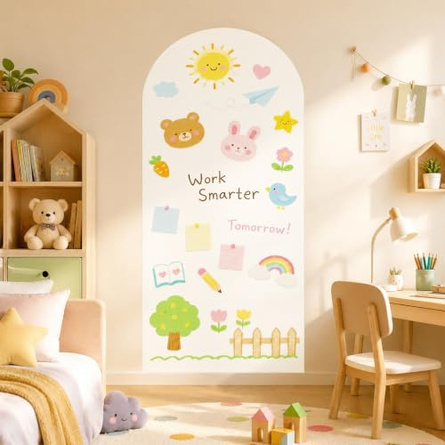 Magnettafel Kinder Selbstklebend,100 x 45cm Magnetwand Kinderzimmer mit Bunte Kreidestiften und Reinigungstuch, Montessori Magnetwand Lernspiel, Magnetische Zeichentafel für Jungen Mädchen(Weiß)