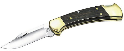 Buck Taschenmesser, Ranger Modell 112, Stahl 420 HC, Holz-Schalen, Messingbacken, Lederetui