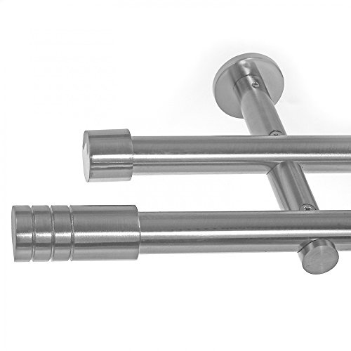 BASIT Gardinenstange Edelstahllook 19mm 2-läufig Wand 540cm lang H29 | Gardinenstangenset doppelläufig Wandmontage Metall Vorhangstange Wandhaltung 120-600cm wählbar Kappe Zylinder E60