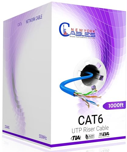 NewYork Cables | CAT6 Ethernet Cable 1000ft | Bulk Riser (CMR) 23AWG, UTP 4 Pairs, 550MHz 10Gbps High-Speed LAN Cable for Streaming, Gaming, Home, Office | Easy Pull Box | Blue