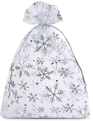 SAKETOS Weihnachten Organza Beutel 10 Stk. Stoffsäckchen Weihnachts Motiv Geschenksäckchen Organzasäckchen mit Zugband Geschenkverpackung Weihnachts I 18 x 24 cm - Weiß