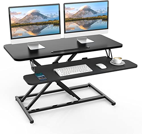 ERGOMAKER Steh-Sitz Schreibtischaufsatz Höhenverstellbar, Stehpult Aufsatz Schreibtisch 91 X 40CM Desktop Erhöhung mit Tastaturablage Für Zwei Monitore,Schwarz