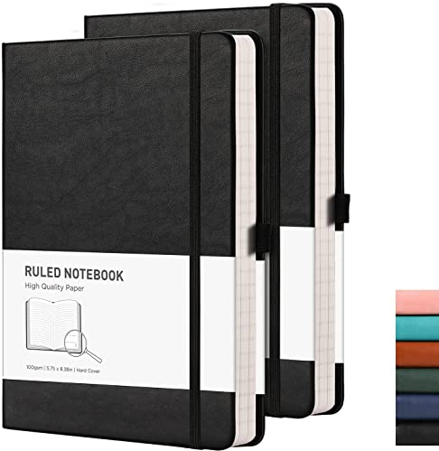 RETTACY Notizbuch A5 Hardcover, liniert, 2er Pack - Dickes Journal mit 376 nummerierten Seiten, 100g/m² Papier, 8 perforierten Blättern, Stiftschlaufe, Innentasche - Schwarz Schwarz