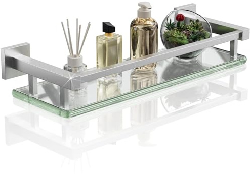 Alise Glass Shelf for Bathroom 16 Inch, Brushed Nickel Floating Glass Shelf | Tempered Glass Bathroom Shelves for Wall Mounted, Modern Glass Shelf with Stainless Steel Railing