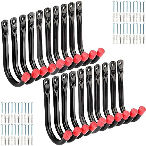 PiPaFox Garage Storage Hooks, 20 Pcs Heavy Duty J Hooks, 9cm Wall Mount Steel Utility Hanger for Ladder, Bike, Garden Hose, Rope, Sports Equipment