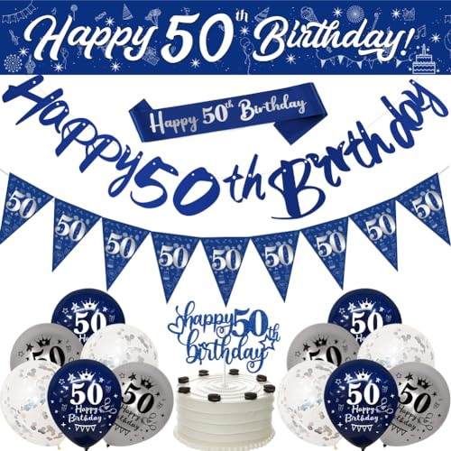 Dekoration zum 50. Geburtstag, marineblau und silberfarben, Banner zum 50. Geburtstag, Party-Dekoration, Geburtstag, 2,7 m, Konfetti, Latex-Luftballons, Wimpelkette, Schärpe, Dreiecksflaggen,