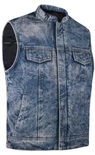 Leatherick motorcykelväst för män, ärmlös, dubbelstängning, ventilerande innerfoder, Thrill Vibe Faded Denim väst, Bleknar blå, XL