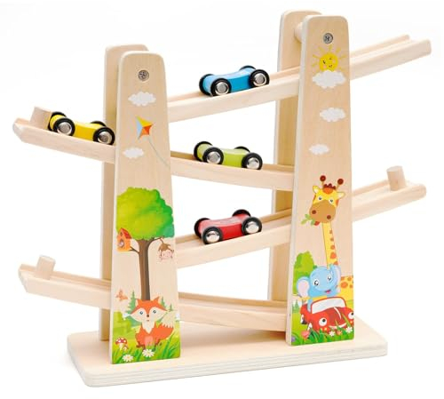 Holz Kugelbahn Autorennbahn mit 4 Autos Zick-Zack-Autorutsche Autorennbahn Holz Spielzeug Rennbahn Lernspielzeug Geschenk für Kinder Jungen Geschenke