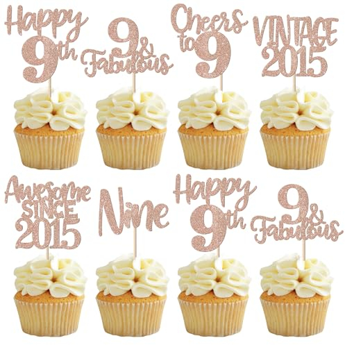 Rsstarxi 24 Pack Happy 9th Birthday Cupcake Toppers Glitter Nine 9 Fabulous Vintage 2016 Cupcake Picks for Cheers to 9 Years 9th Birthday Wedding Anniversary Party Cake Decorations Rose Gold