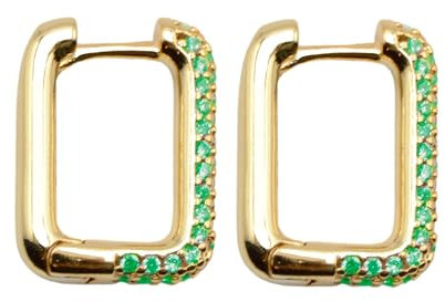 GOLDENCAT Pendientes Bella Zircon Verde, Pendientes Pequeños de Aro Rectangular, Argollas Rectangulares de Plata, Plata de Ley 925, Baño Oro 18k, Circonita Verde, Longitud 13 mm, Grosor 2 mm