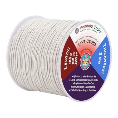Mandala Crafts 2mm Off White Blind Strings Lift Shade Cord, 109 Yards | Braided Nylon Cord for Roller & Roman Shades, Venetian Blinds Repair, Replacement, Curtain String, Indoor & Outdoor Use
