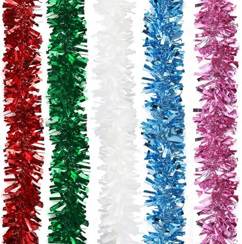 5 Colors Christmas Tinsel Garlands - 5pcs Shiny Metallic Tinsel for Xmas Tree Ceiling Decoration Wedding Birthday Party Decor, 10m Total Length (Red, Green, White, Pink, Light Blue)