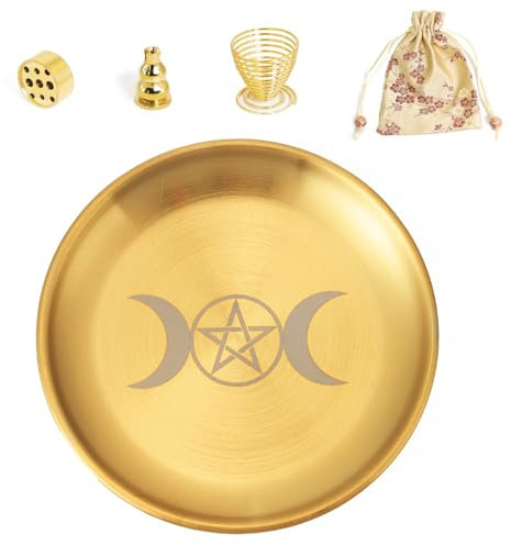 BEYLAB Triple Goddess Messing 5 in 1 Räucherstäbchenhalter mit Aufbewahrungstasche 14cm Räucherschale für jedes Räucherwerk, Räucherstäbchen, Palo Santo Halter, Weißer Salbei, Räucherkegel (Gold)