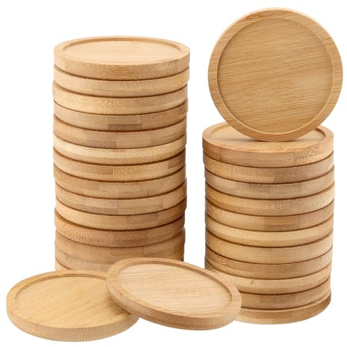KEILEOHO 30 stycken runda bambuunderlägg, växtunderlägg trä 8 cm, liten rund ljushållare av bambu för koppar, blomkrukor, ljus