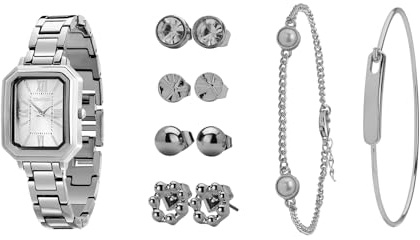 TIME100 Set Regalo Donna Elegante con Orologio Rettangolare, Braccialetto, Catena e 4 Orecchini – Confezione Regalo Rosa con Design New York（Argento）