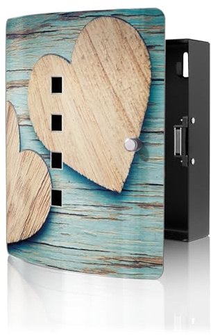 banjado Design Schlüsselkasten aus Edelstahl für 10 Schlüssel - Schlüsselschrank zur Schlüssel Aufbewahrung 24 x 21,5 x 7cm groß mit praktischem Magnetverschluss - Motiv Holz Herzen