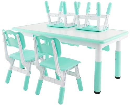 LIFEZEAL Kindertisch mit 4 Stühlen, Höhenverstellbare Kindertischgruppe, Plastik Kindermöbel für Kinder ab 18 Monate, Tisch Stuhl Set für Kindergarten, Kinderzimmer (Grün)