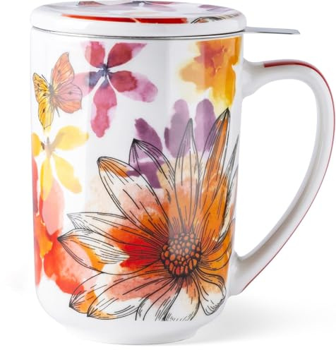 GBhome Tea Mug with Infuser and Lid, 18 Ounce Large Ceramic Loose Leaf Cup, Microwave, Dishwasher Safe, Perfect For Tea Lovers