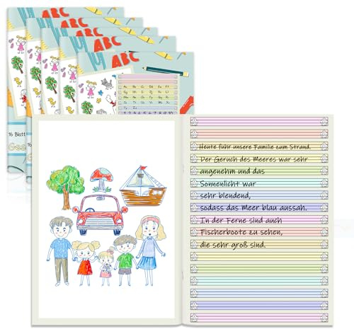 jiawaggag 5 StückGeschichtenheft 2. Klasse Din A4 2G Schreibheft Lineatur 2 Farbig Liniert für Schreiben und Malen 16 Blatt 80 g/qm