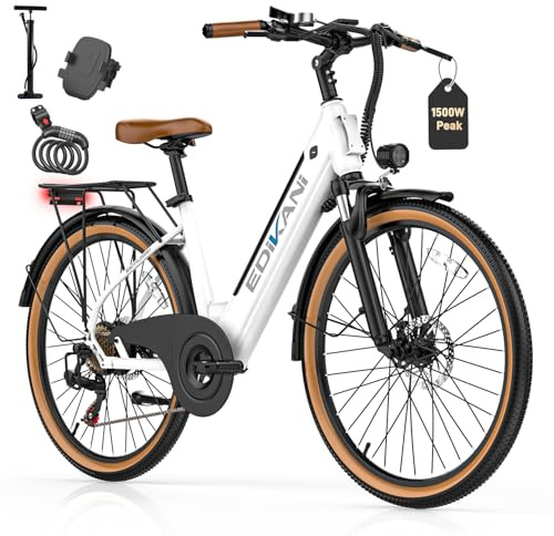 EDIKANI Electric Bike for Adults 25MPH 1500W Peak 26 Comfortable Step-Through Ebike with 48V Internal Battery Adjustable Stem Best Electric Bicycle for Women Commuter up to 70 Miles EDM02