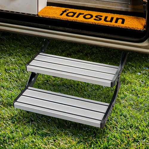 farosun Dubbelsteg – fällsteg 2 steg för husvagn, 60 x 21 x 29 cm, stabil aluminiumtrappa för husbil, halkfri, väderbeständig, upp till 200 kg, starthjälp camping