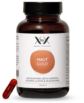 XbyX Haut Gold 60 Kapseln - Carotinoid-Komplex mit Astaxanthin & Vitamin E – Unterstützt die Haut von Innen - Ohne Zusätze - 100 % Pflanzlich - Vegan