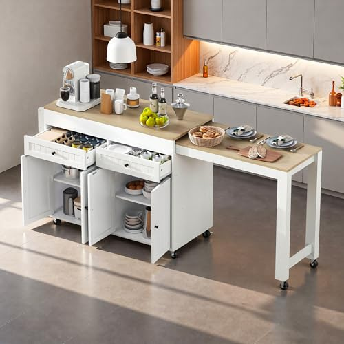 Wyibwy Mueble carro de cocina, isla cocina extensible con encimera y cajones, isla de cocina móvil independiente, carrito de comedor con ruedas con divisores y puertas, para comedor, blanco + natural