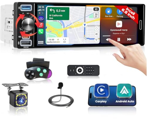 1 DIN AM Android Autoradio Compatibile con Wireless CarPlay Android Auto | 6,5 Pollici Incell Touchscreen Player Radio con RDS FM Bluetooth Ricarica Rapida Mirror Link Telecamera per Veicolo Type-C