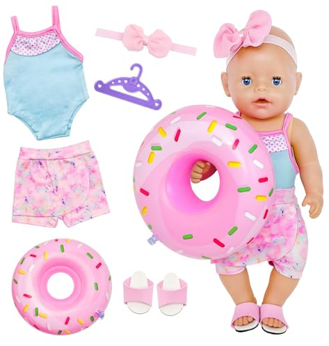 Baby Kleidung Puppenkleidung 43 cm Puppen Kleidung Sommer 6 Stück, Schwimm-Set mit Haarband Schwimmring Schuhe Kleiderbügel für 14-17 Zoll Baby Puppen, Mädchen