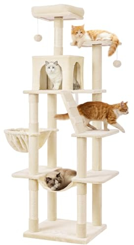 MSmask Rascador grande para gatos, estable, con cuevas para gatos, plataformas, hamaca, columnas de sisal, árbol trepador de varios niveles (beis, 170 cm)