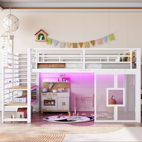 Kinderbett Etagenbett 90x200, Metallbett Halbhochbett mit Treppe & LED-Beleuchtung & Fenstern,Funktionsbett Einzelbett Hochbett Stockbett Spielbett Jugendhochbett mit Lattenrost, Ohne Matratze, Weiß