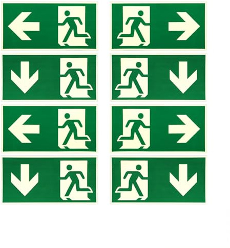 Lote de 8 Señales de Salida de Emergencia Fotoluminiscentes 30 x 15 cm, Carteles de Evacuación Autoadhesivos de PVC, Flecha Izquierda Derecha Abajo, para Puerta Pared Oficina Hotel Almacén