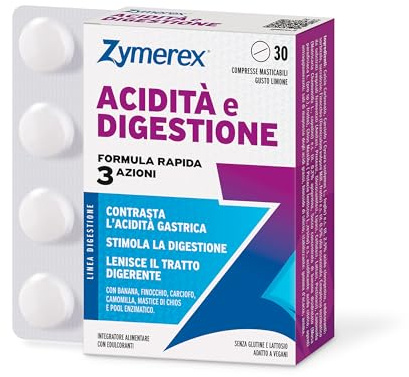 Zymerex ACIDITÀ E DIGESTIONE | 30 compresse masticabili | Acidità gastrica | Digestione difficile | Contrasta la Nausea | Senza glutine e lattosio | Adatto a vegani - Gusto limone
