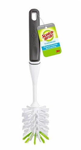 Scotch-Brite Glass and Water Bottle Brush, Long-Lasting, Safe on Glassware, Shaker Bottles, Food Processors, & More, Non-slip handle, Durable, Reusable, Clean in Top Rack of Your Dishwasher