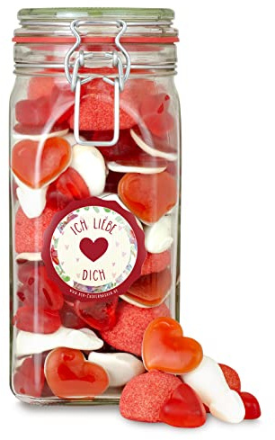 Liebesglas, ein großes Bügelglas voller Liebe - rot-weißer Süßigkeiten-Mix aus Fruchtgummi und Schaumzucker, süßes Geschenk zum Jahrestag und Valentinstag für Deine(n) Liebsten
