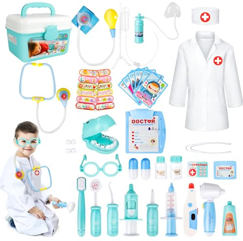 deAO 34 Pièces Kids Jeu de Rôle pour Dentiste, Chirurgien et Vétérinaire avec Son et Lumière y Compris Un Stéthoscope Électronique, Une Cape de Laboratoire et Un Équipement Médical