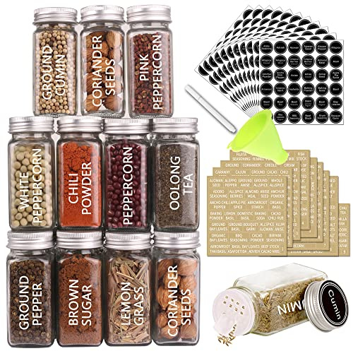 SWOMMOLY 36 Glass Spice Jars with 703 Spice Labels, Empty Square Spice Bottles 4 oz with Pour/Sift Shaker Lid, Airtight Cap, Chalk Marker and Funnel Complete Set