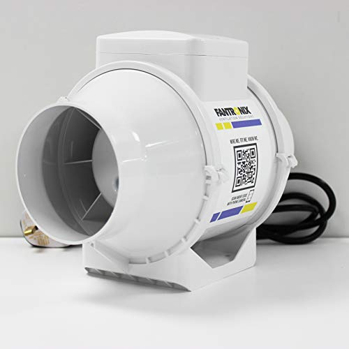 Fantronix 125 mm (5”) Inline Extractor Fan with UK Plug – Powerful Bathroom & Grow Room Ventilation Fan, Energy Class E