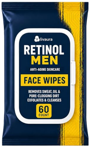 LIVAURA Retinol Men Facial Wipes Anti-Aging Cleansing Towelettes - Quickly cleanse face from sweat, oil and pore-clogging dirt without any heavy residue (60 Count (Pack of 1))