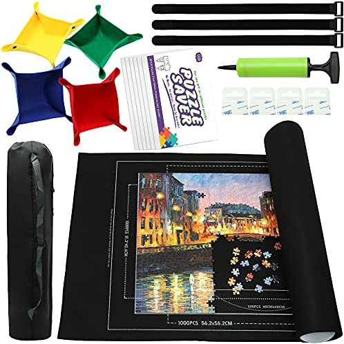 Tapete portátil Enrollable para Rompecabezas, con 9 Hojas de Pegamento, bandejas de clasificación, Bomba de Mano, Tubo Inflable y Bolsa de Almacenamiento, niños y Adultos (Negro, 1500