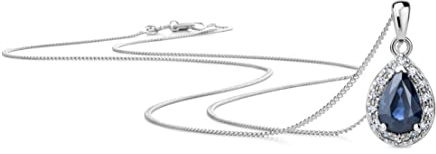 OROVI Schmuck Damen 0.07 Ct Diamant Tropfen Halskette Weißgold mit Anhänger Edelstein/Geburtsstein natürlicher blauer Saphir umgeben von 14 Diamanten Brillanten Kette aus 9 Karat (375) Gold,45 cm