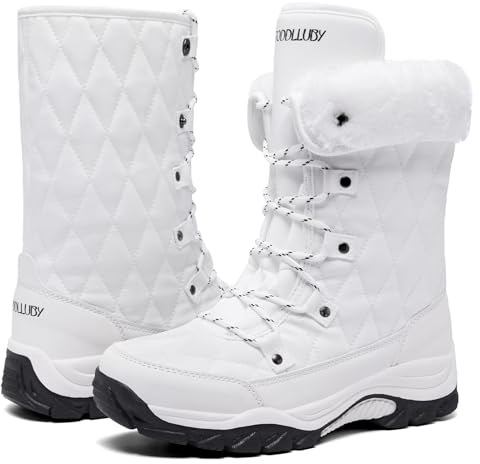 TODDLLUBY Women Snow Boots Lace up with Waterproof Warm Fur Lined Mid-Calf Outdoor Winter Boots for Women White Size 8.5