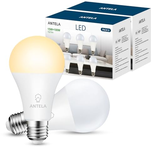 ANTELA E27 LED Lampe 15W 1521LM 3000K Warmweiß Licht Glühbirne A65 Birne ersetzt 100W Glühlampe, Energiesparlampe, nicht Dimmbar, ErP, 12er-Pack
