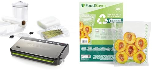 Foodsaver Food Vacuum Sealer Machine with Integrated Roll Storage | Bag Cutter and Delicate Food Mode + FoodSaver FSBE4802X-01 Vacuum Sealer, Plastic Nylon, Recyclable Bags
