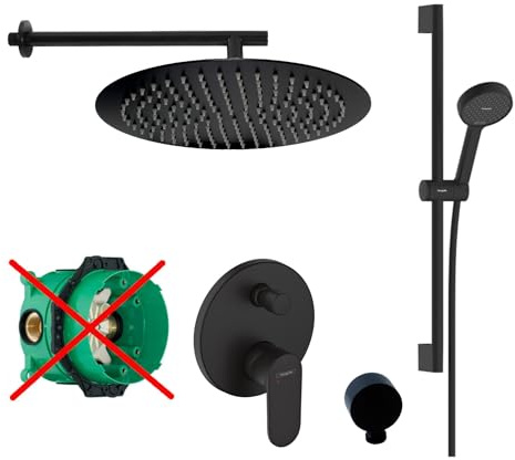 vanvilla Duschsystem Unterputz mit Duscharmatur Hansgrohe schwarz HGS39-ob | Duscharmatur von Hansgrohe Vernis Blend Einhebelmischer und vanvilla Regendusche rund Duschstange Dusch-SET schwarz