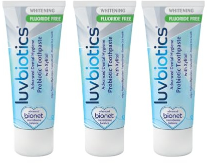 Luvbiotics – Probiotisk tandkräm vita tänder med xylitol och utan fluor 3 x 75 ml – blekande tandkräm utan SLS, parabener och konstgjord. Sötmedel – stöder munflora, frisk andedräkt och tandkött