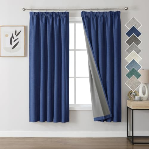 Joydeco 100% Verdunkelungsvorhänge Leinen Gardinen mit Kräuselband 2er Set H137xB117cm Marineblau, Thermovorhang Kälteschutz Blickdicht Schallschutz Ideal für Wohnzimmer passt zu Schienensystemen
