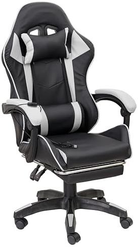 Baroni Home Sedia Gaming Ergonomica con Massaggiatore Lombare, Altezza Regolabile e Schienale Inclinabile, Sedia Ufficio con Comodo Poggiatesta e Poggiapiedi, in Soft Foam, Bianco, 58x66x114-124 cm