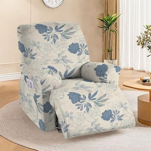 Hearda Stretchhusse für Relaxsessel, Blume Drucken Sesselschoner für Relaxsessel 4-Teilig Sesselbezug Relaxsessel Bezug Stretch mit Tasche Bezug für Fernsehsessel (Vintage Stil)